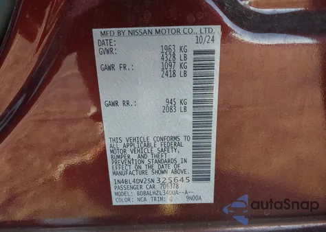 2025 Nissan Altima Sv Fwd z USA, uszkodzony, nr VIN 1N4BL4DV2SN325645